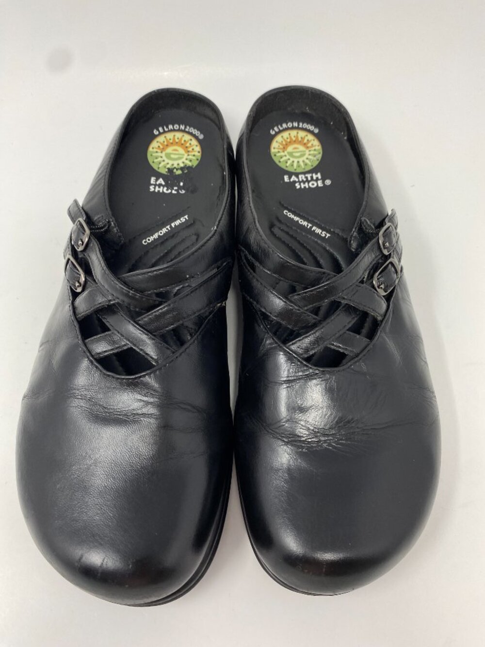 Earth Shoes Gadget Clogs Womens 8.5 Black Leather Flats Straps Strappy